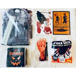 NEW Halloween‎ Decorations Bundle Tombstone Spider Webs Bats Footprints Props
